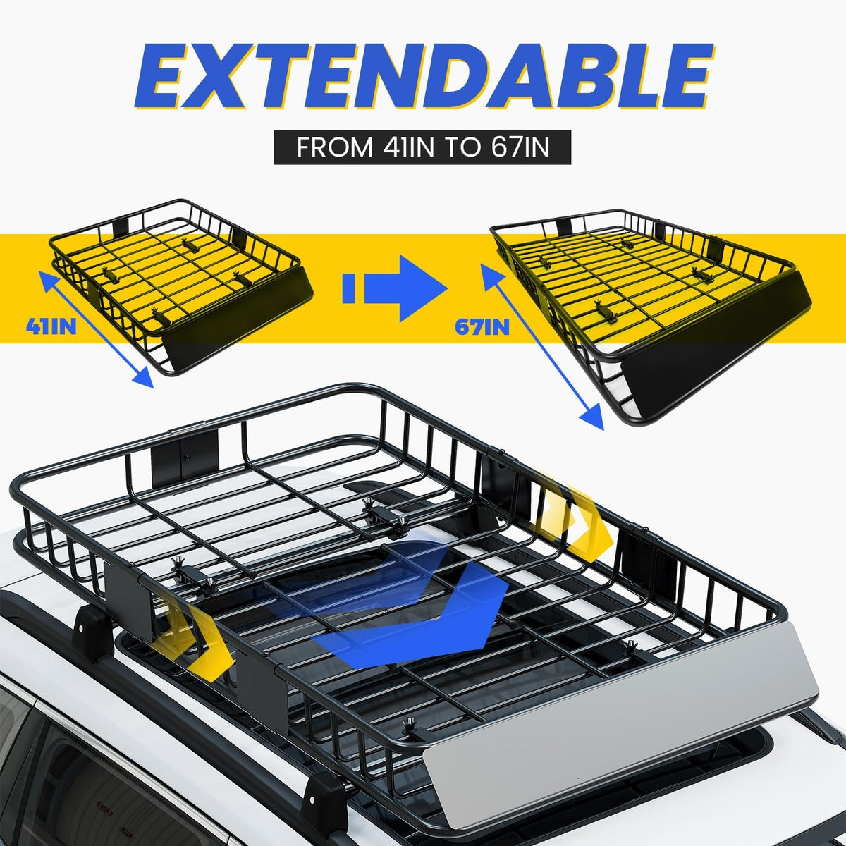ECOTRIC 67" x 39" x 5.1'' Universal Roof Rack Cargo Carrier Basket with Extension Heavy Duty Steel Car SUV Top Luggage Storage Holder Basket for Travel 550LBS Weight Capacity