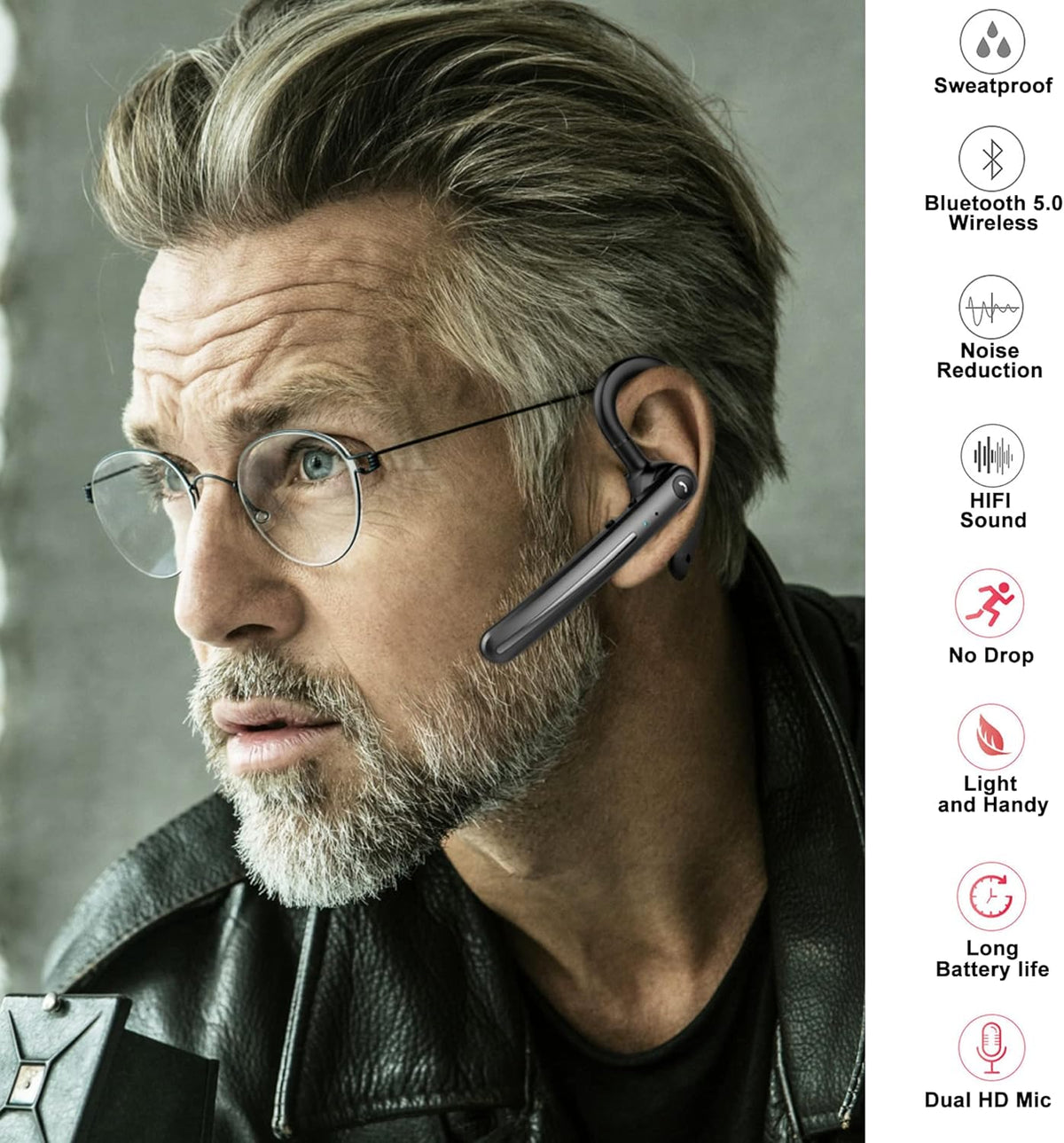 IHAO Single Ear Wireless Bluetooth Earphone Noise Cancelling Stereo Dual HD Mic Headphone Earpiece 16Hrs Hands-Free Calling in-Ear Headset Painless Firm Wear for Driving/Business/Office/Trucker