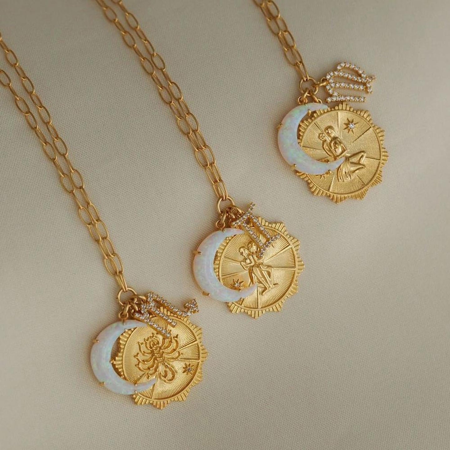Lanadale Dainty Gold Cancer Zodiac Coin Opal Crescent Moon Charm Necklace for Women Trendy 18K Gold Plated Retro Paperclip Chain 12 Constellation Horoscope Necklaces Astrology Jewelry Gifts