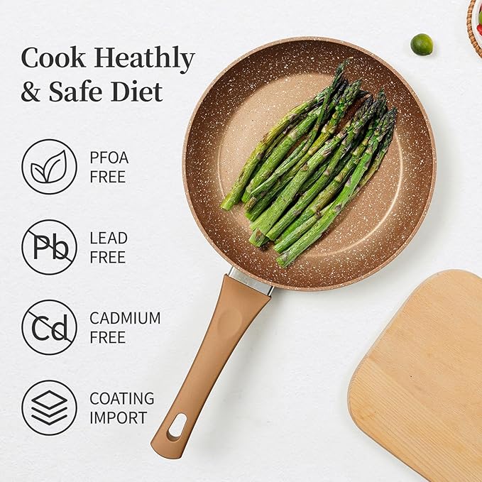 Innwewell Non Stick Frying Pan - Granite Stone Non Stick Skillet Frying Pans, Safe&No Toxic Egg Omelette Frying Pan, Small Nonstick Cookware Cooking Pan, Induction Compatible, PFOA Free(8inch, Gold)