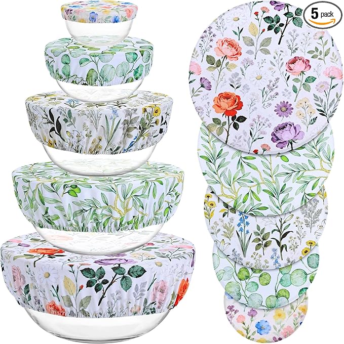 5 Pieces Bowl Covers Reusable, 5 Size Elastic Cloth Bowl Covers for Bread Proofing Stretch Food Covers Washable for Food Fruits Leftover (Rosa Chinensis)
