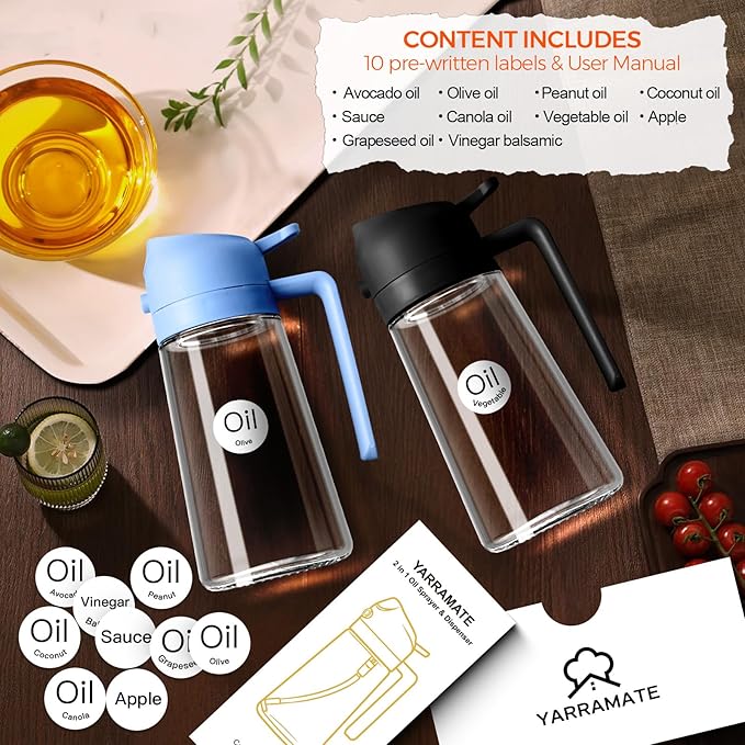 YARRAMATE 16oz/470ml Glass Olive Oil Sprayer for Cooking with Stickers, 2 in 1 Oil Dispenser for Kitchen Gadgets, Food Grade Premium Spray Bottle with Portion Control for Salad, BBQ(SkyBlue)