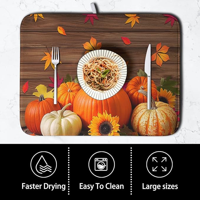 AutumnThanksgiving Pumpkin Dish Drying Mat for Kitchen Counter 18x24 Inch Fall Sunflowers Maple Leaves Harvest Kitchen Drying Mat Microfiber Super Absorbent Dish Rack Drainer Mat with Hanging Loop