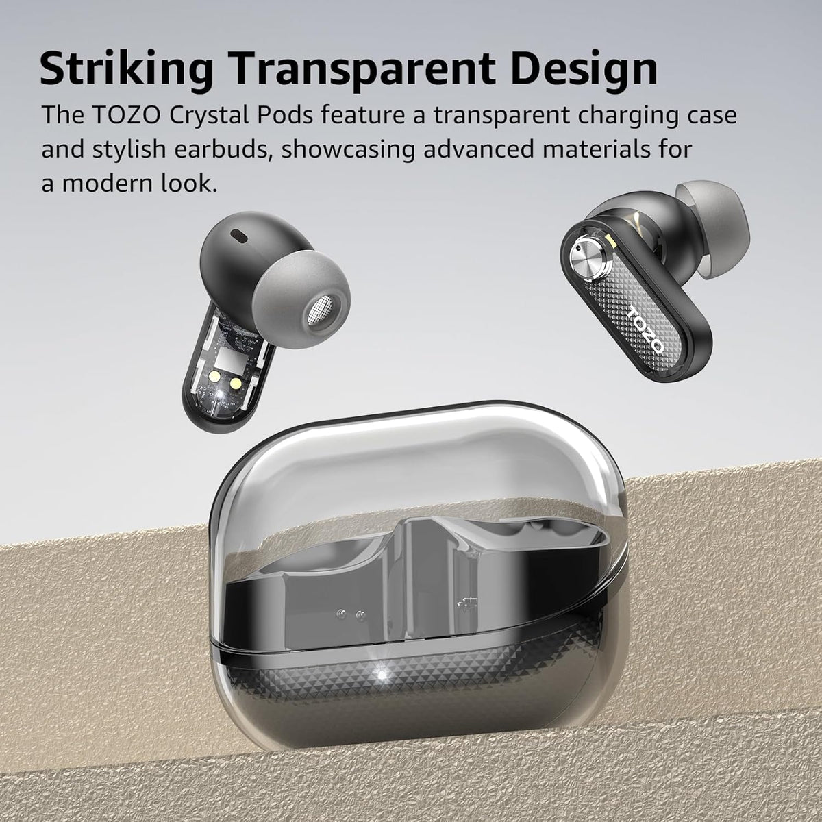 TOZO Crystal Pods Hybrid Active Noise Cancelling Wireless Earbuds, 10mm Drivers Deep Bass Stereo Sound, 4 Mics Smart ENC AI Calls, 32 EQ via App, Bluetooth 5.4 Headphones, Crystal Case Design