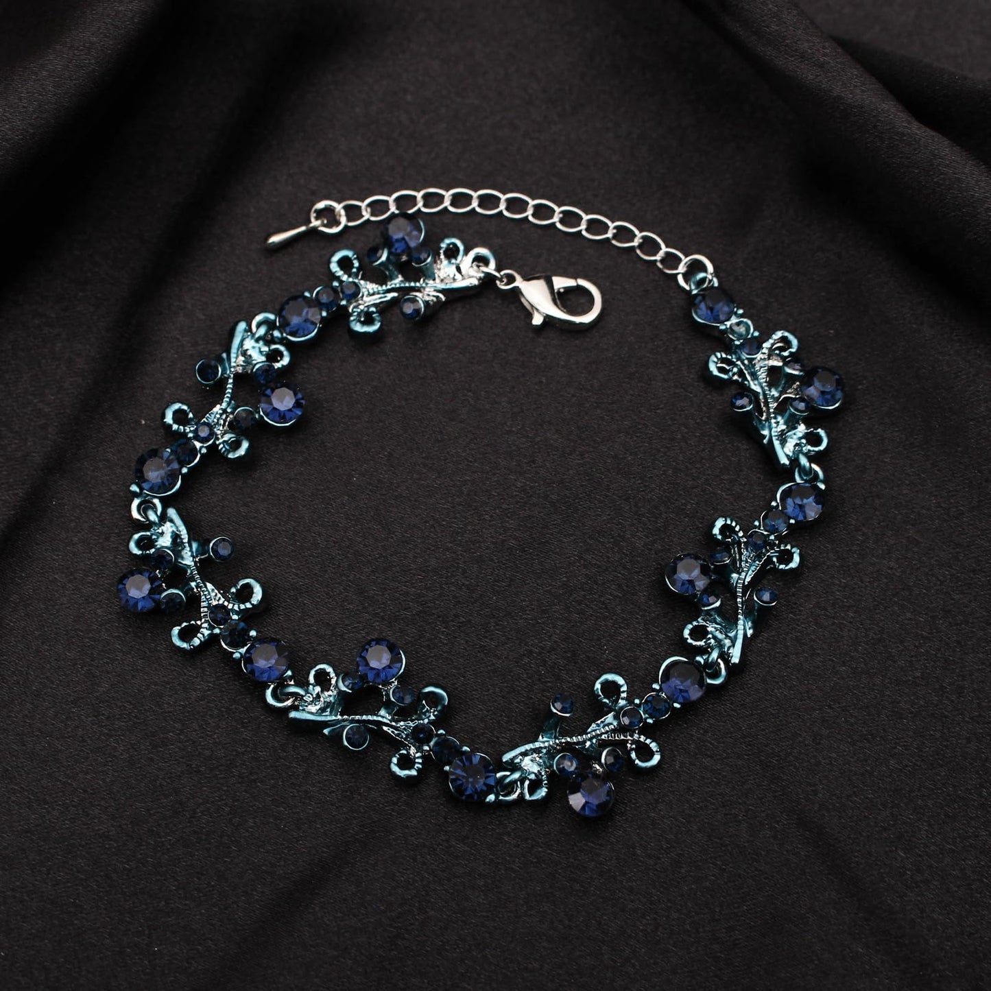 3Pcs Austrian Crystal Jewelry Set for Women, Necklace Dangle Earrings Link Bracelet Jewelry Set with Gold/Platinum/Gun Plated, Wedding Party Jewelry for Bridal Bridesmaid (Blue Black-Platinum Plated)