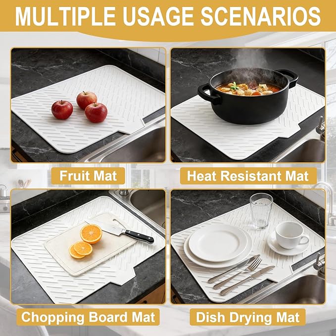 Silicone Dish Drying Mat 23x17,Food-Grade Silicone,Easy Clean Pad for Countertop Protection,Heat Resistant,Easy Clean,Non-Slip Drain Pad with Built-in Drain,Multi-Functional Use,White