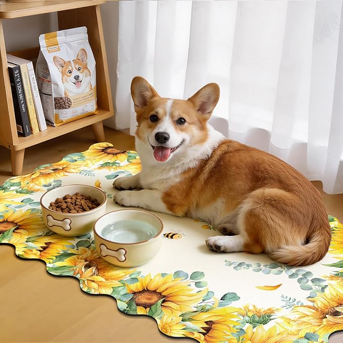 LOKHOM Scalloped Floral Dish Drying Mat, 17"x32" Super Absorbent Coffee Mat with Watercolor Yellow Sunflowers, Cuttable Hide Stain Non-slip Drying Mat for Kitchen Counter Coffee Maker Espresso Machine