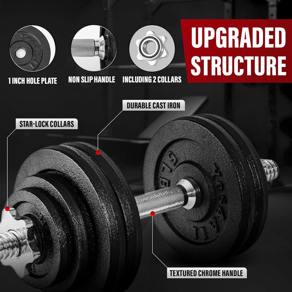 Yes4All Old School Adjustable Dumbbell Set with Weight Plates, Star Lock Collars/Connector, 40lbs to 200lbs Adjustable Weight Plates Set