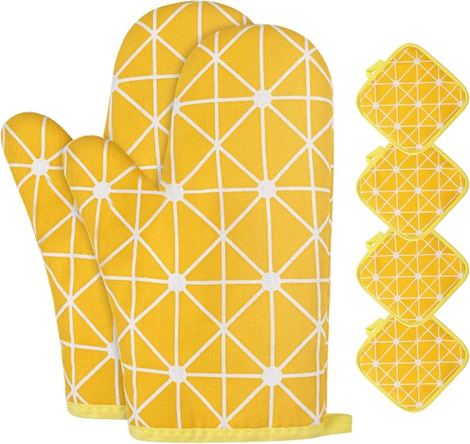 AUAUY Oven Mitts and Potholders BBQ Gloves-Oven Mitts and Pot Holders with Recycled Infill Silicone Non-Slip Cooking Gloves for Cooking Baking Grilling (6-Piece Set,Yellow)