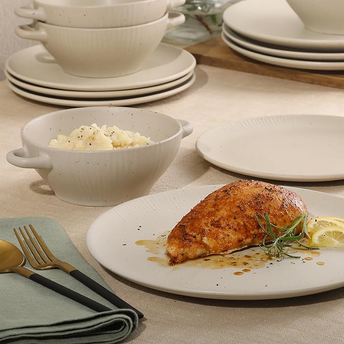 Gibson Elite Clover Hill 12-Piece Stoneware Dinnerware Set – White Cream Embossed Plates and Bowls with Matte Speckled Reactive Glaze, Service for 4 – Microwave & Dishwasher Safe