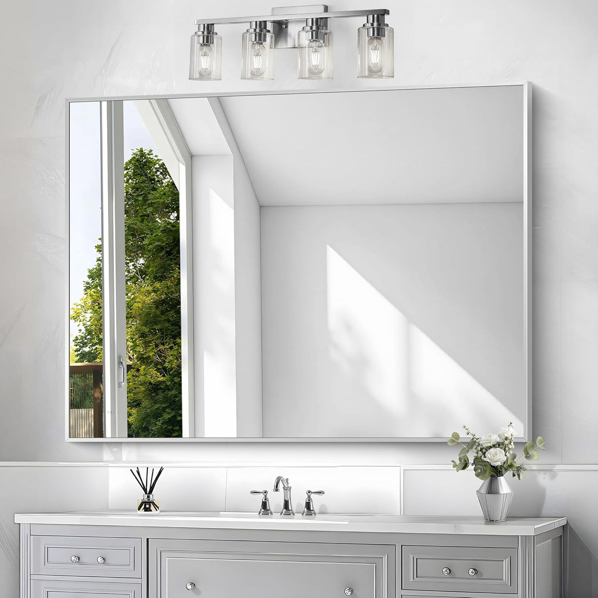 Silver Bathroom Mirror,36x48 inch Wall Mirror for Bathroom Wall Mounted,Large Rectangle Mirror for Bathroom Over Sink,Modern Metal Frame for Living Room,Bedroom Entryway,Horizontal/Vertical