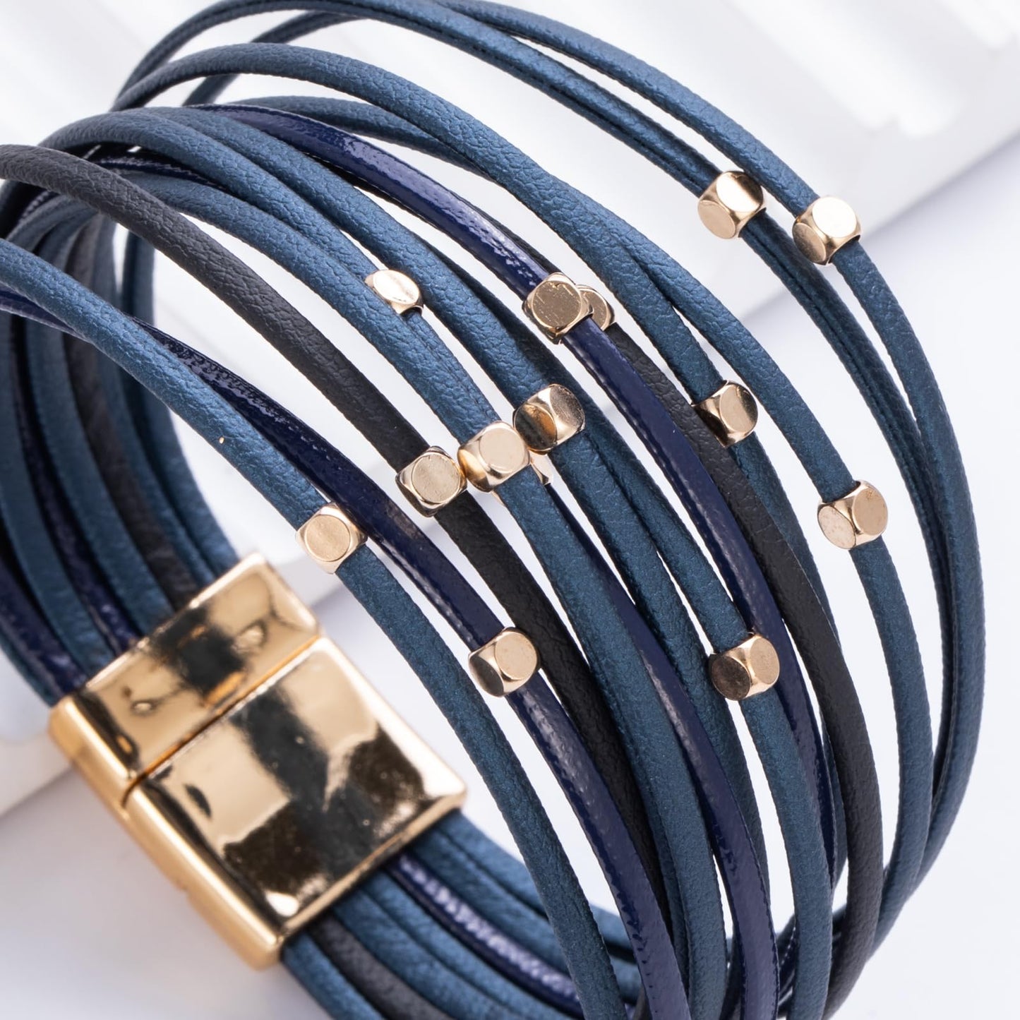 FANCY SHINY Beaded Leather Wrap Bracelets Cute Boho Stackable Bangle Cuff with Magnetic Clasp Layered Trendy Jewelry for Women(Navy Blue)