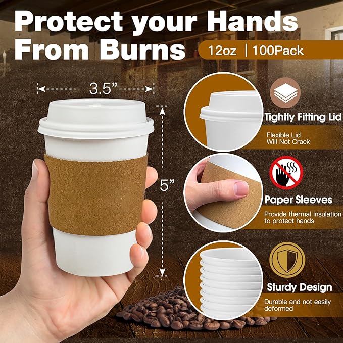 Ginkgo 100 Pack 12 oz Leak-Proof Coffee Cups with Lids and Sleeves Disposable To Go Hot Travel Paper Cups, Hot Chocolate, Cocoa, Tea, Coffee Bar Accessories