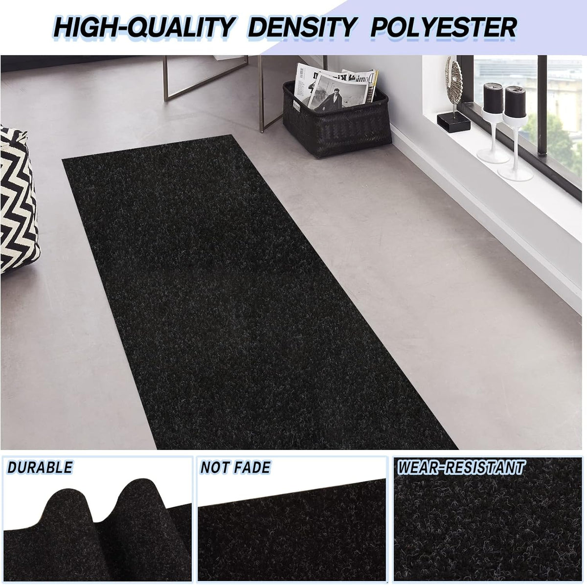 Custom Size Backed Non-Slip Area Rugs Runner, Easy Clean, Waterproof Runner Rugs for Hallway Entryway, Kitchen, Laundry, 4FT x 33FT, Black