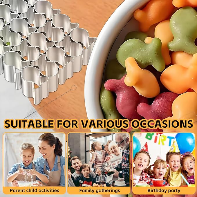 GoldFish Cracker Cutter, 25 Cavity Mini Cookie Cutters with Cleaning Brush, Goldfish Mold Stainless Steel Fish Shaped for Non-Stick Dough DIY Cookie Mold