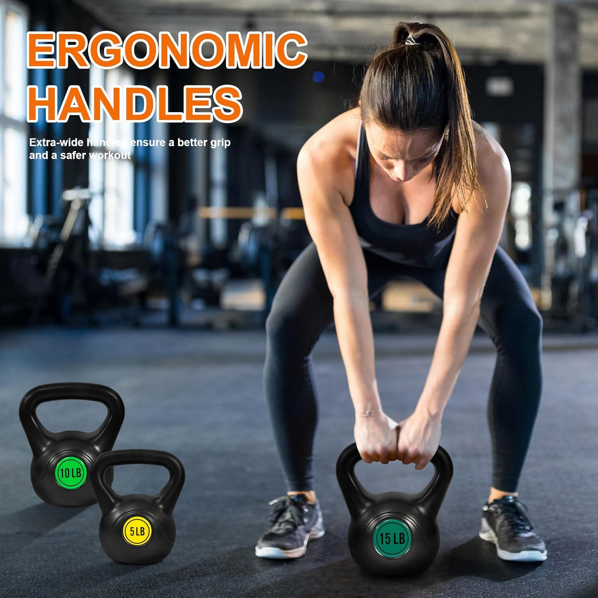 Wide Grip 3-Piece or 4-Piece Kettlebell Exercise Fitness Weight Set, Include 5 lbs, 10 lbs, 15 lbs and 20 lbs, Set of 3 or Set of 4