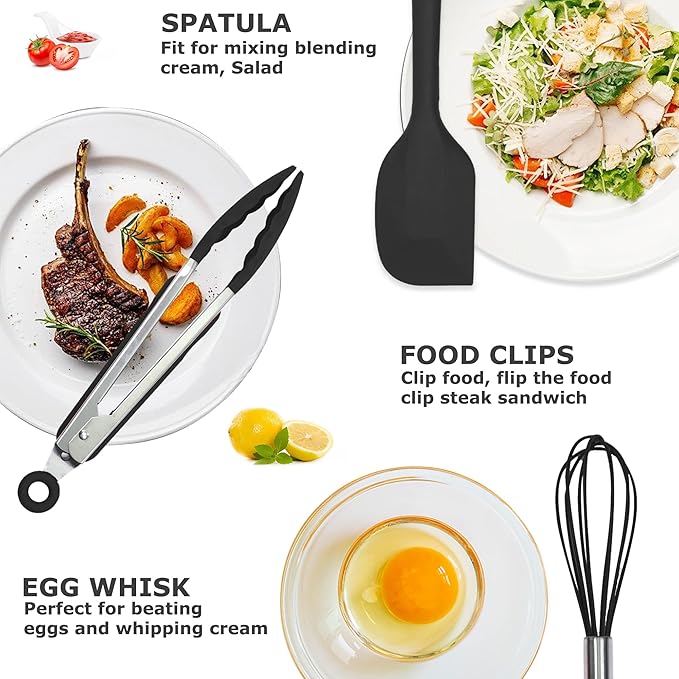 Silicone Kitchen Cooking Utensils Set Kitchen Spatula Set with Holder,5 pcs Heat Resistant Silicone Kitchen Utensils Gadgets Tools Set for Nonstick Cookware,Dishwasher Safe (Black)