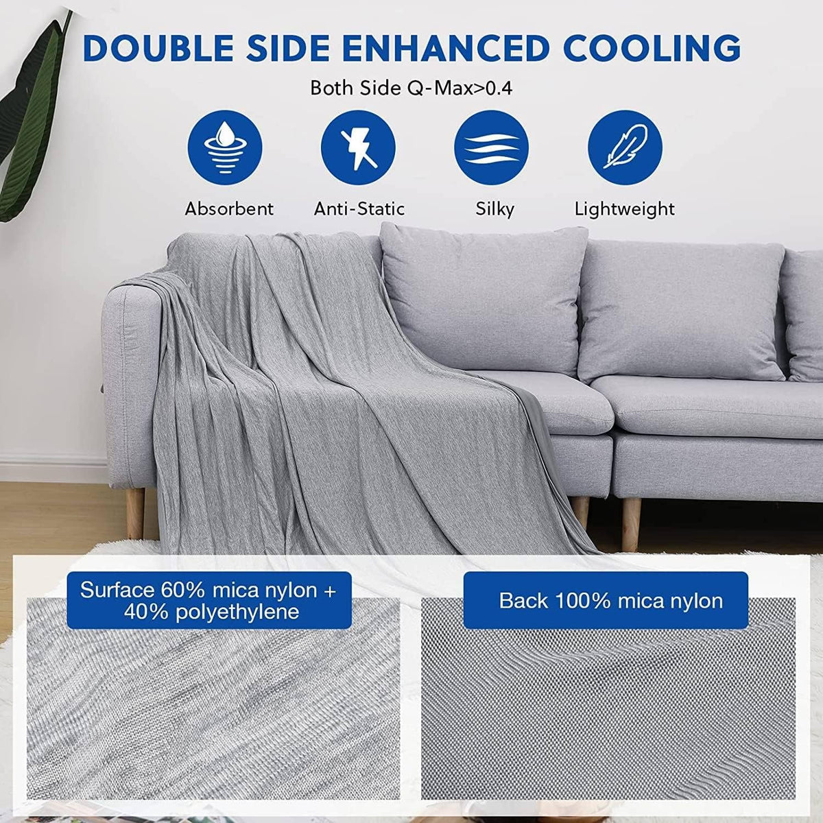 HOMFINE Cooling Blankets for Hot Sleepers - Summer Blanket Thin Lightweight Breathable Soft Double Side Enhanced Cooling for Bed Couch Sofa, Keep Cool for Night Sweats (Grey, 90 x 90 inches)