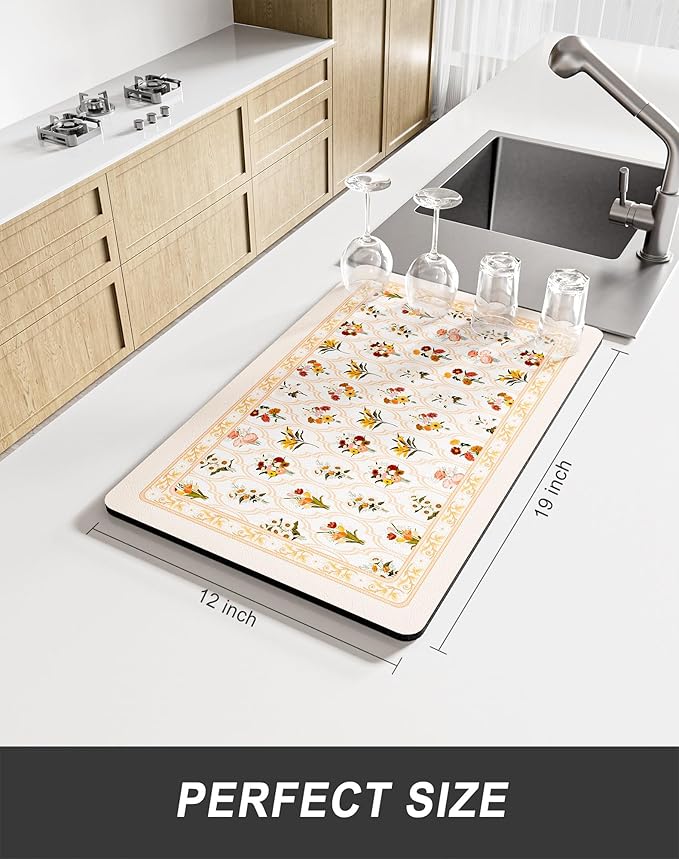 Rnivvi Dish Drying Mat for Kitchen Counter, 12 x 19" Cute Flower Theme Super Absorbent Draining Pad, Non-Slip Heat Resistant Coffee Bar Mat for Coffee Machine Station Accessories, Beige Dish Rack Pad