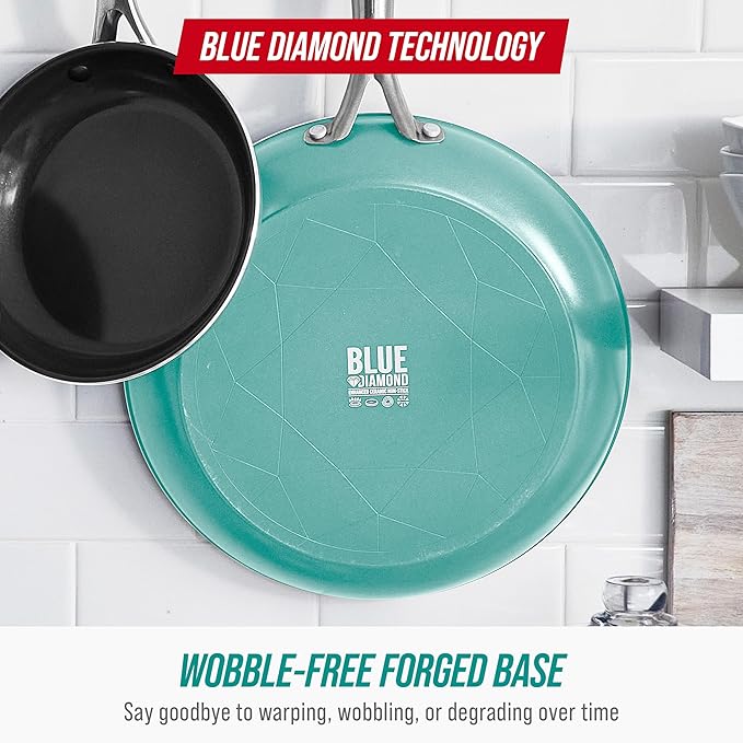 Blue Diamond 8" Nonstick Frying Pan Skillet, Diamond Infused Ceramic PFAS-Free, Dishwasher & Oven Safe, Stay Cool Handle, Durable Non Toxic Metal Utensil Safe, Egg & Omelet Pan, Turquoise