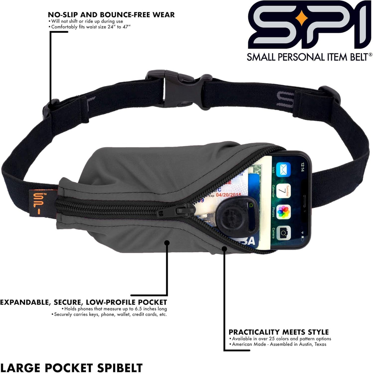 SPIbelt Running Belt for Women Men, Phone Holder for Running, Running Fanny Pack, Holder for Phone, Running Waist Pack, Adjustable Waist, [Fits All Phones]. Black with Blue Zipper