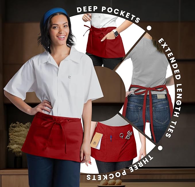 Avalon Kitchen Server Aprons with 3 Pockets, 100% Polyester Waist Apron with Pockets, 24x12 Inche Waitress Apron with Pockets