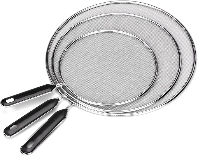 Splatter Screen for Frying Pan 13" 11.5" 9.8" Stainless Steel Fine Mesh Grease Splatter Guard with Comfort Silicone Handles and Resting Feet for Prevent Oil Splatter Safe Cooking