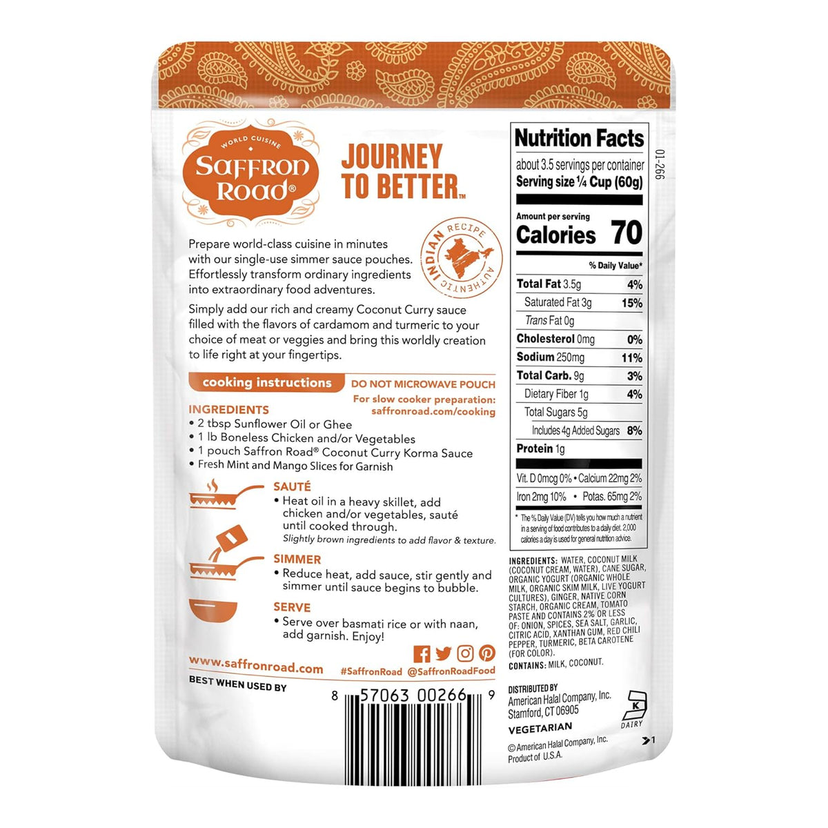 Saffron Road Coconut Curry Simmer Sauce | Globally Inspired Simmer Sauce | Gluten-free, Vegetarian, Non-GMO, and Certified Halal and Kosher | 7.0oz Pouch | Pack of 8
