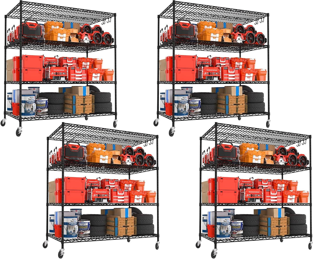 PrimeZone 4 Packs 55.5" W x 24" D x 80" H Heavy Duty Wire Storage Shelves with Wheels, 4 Tier Adjustable NSF Certified Garage Shelving Unit, Rolling Metal Organizer Shelf Rack for Warehouse, Pantry