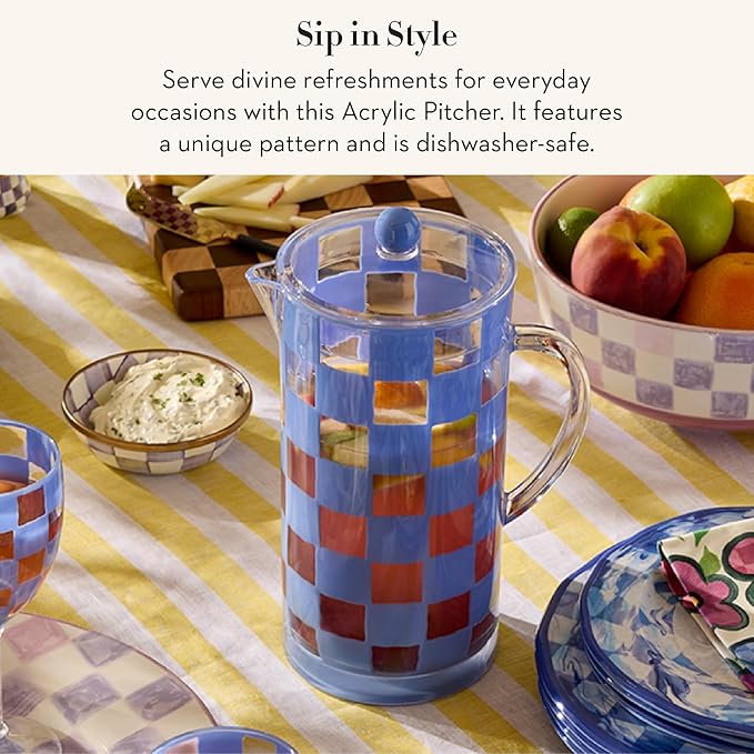 MACKENZIE-CHILDS Acrylic Pitcher with Spout for Water, Lemonade, and Farmhouse Home Decor, 2.5 Quarts, Blue Check
