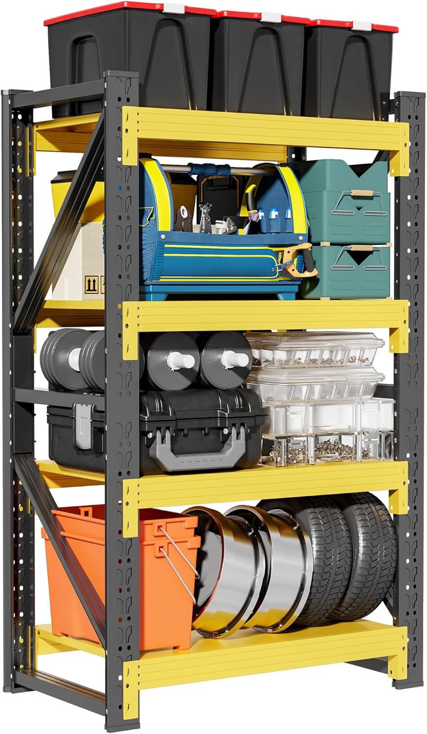4-Tier Storage Shelves,79" H Heavy-Duty Garage Shelving Unit,Adjustable Industrial Metal Shelf System,4,000lbs Capacity,Tool Organizer for Garage,Workshop,48" W*24" D*79" H,Black&Yellow