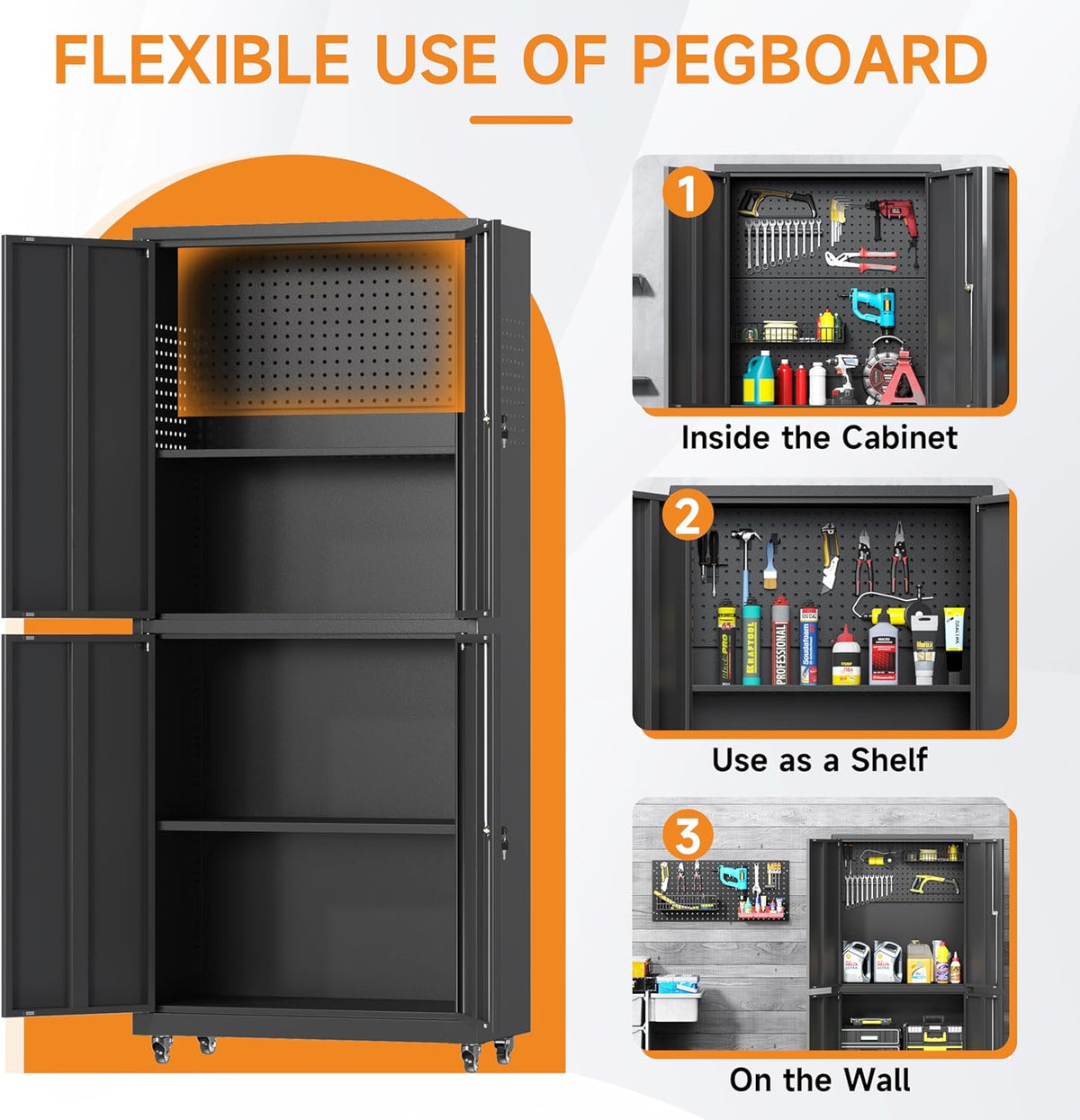 71" H Metal Tool Storage Cabinet with Lock and Wheels, Heavy Duty Garage Cabinet with 4 Doors and 2 Adjustable Shelves, Tool Organizer with Pegboard for Garage, Warehouse(Black, 71" H)