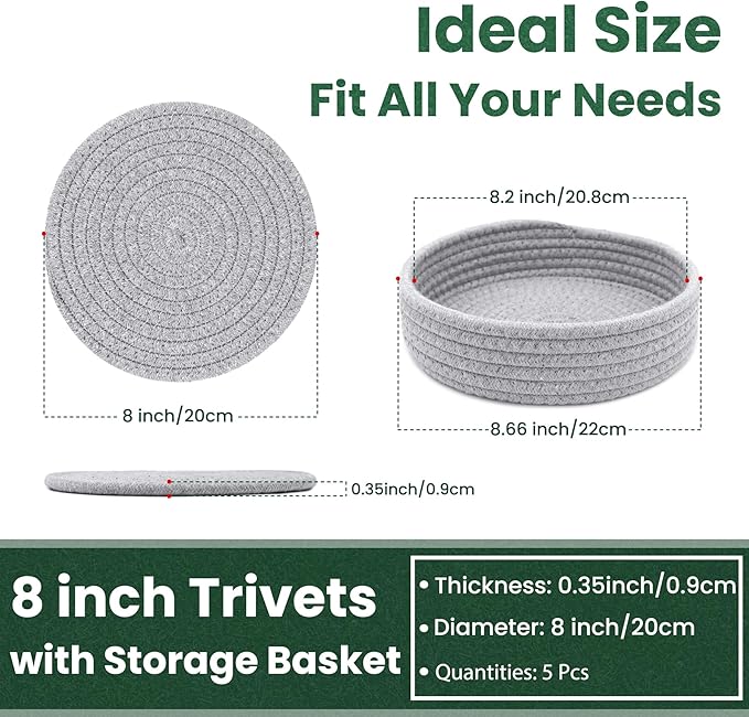 8 Inch Trivets for Hot Dishes, Hot Pots and Pans, Thick Heat Resistant Large Coaster for Kitchen, Hot Pads, Kitchen Essentials, Kitchen Decor for Table & Countertop with Storage Basket, 5 Pcs