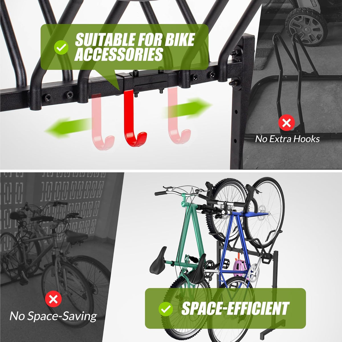 2 Bikes Floor Stand,Adjustable Bicycle Parking Rack with Hook for Garage/Indoor/Outdoor,Metal Cycle Storage Organizer Rack for Road Bikes