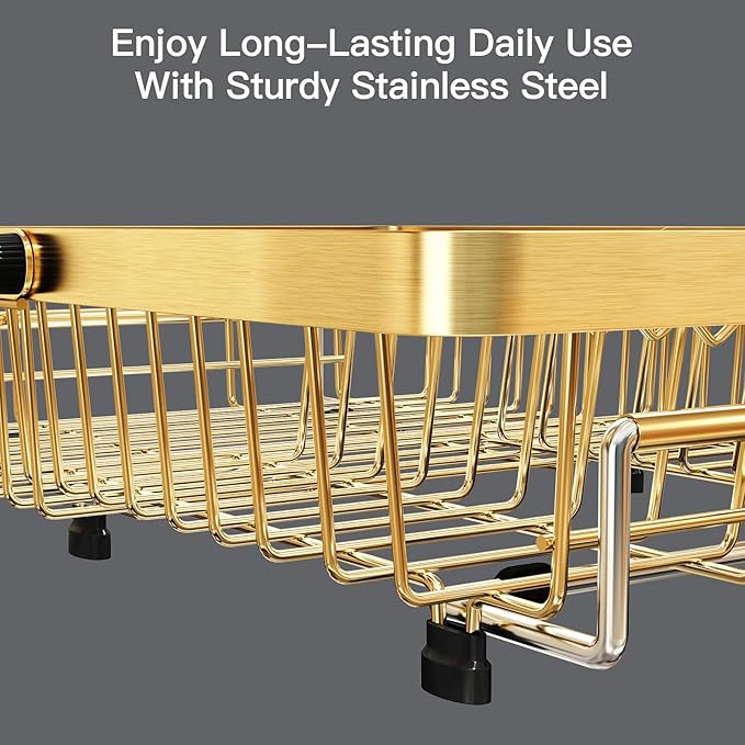 MAJALiS Dish Drying Rack Over The Sink, Expandable Stainless Steel Dish Drainer for Small Kitchen Counter Space Saving, RV Compact Plate Strainer in Gold Metal with Hanging Adjustable Utensil Holder
