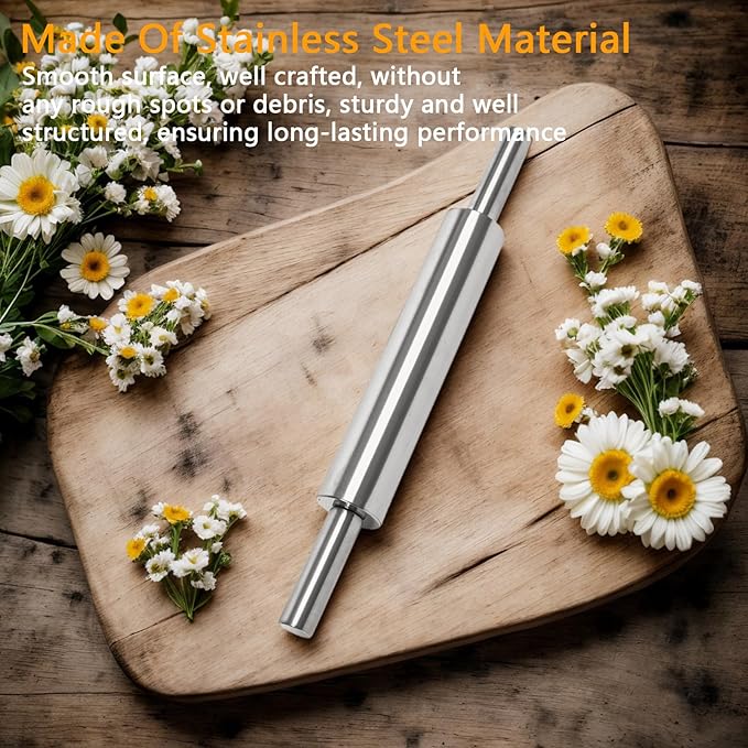 17-Inch Stainless Steel Rolling Pin for Baking - Heavy Duty Metal Dough Roller with Non-Slip Handles for Pizza, Chapati, Cookies & Pastry - Dishwasher Safe