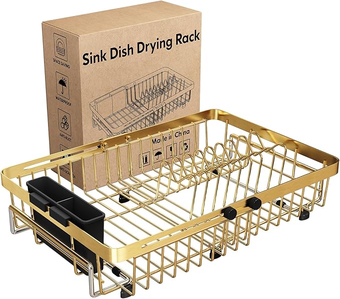 MAJALiS Dish Drying Rack Over The Sink, Expandable Stainless Steel Dish Drainer for Small Kitchen Counter Space Saving, RV Compact Plate Strainer in Gold Metal with Hanging Adjustable Utensil Holder