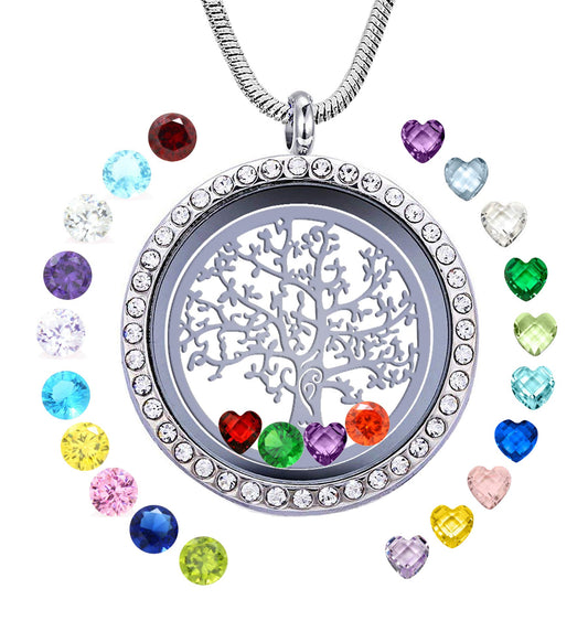 GOKING Grandmother Birthstone Necklace, Family Tree of Life Floating Locket for Grandma Mother, Gifts for Mom Nana Mimi Gigi Aunt Niece, Charms Living Memory Pendant