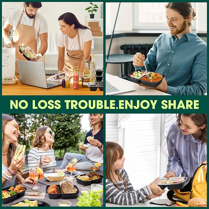 50 Pack (100-Piece) 32 oz Sturdy Leakproof 2-Compartment Meal Prep Containers with Lids, Plastic Food Storage Containers for Lunch, Microwave, Freezer, and Dishwasher Safe Takeout Containers