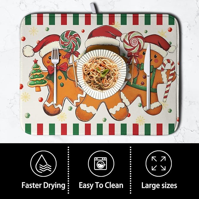 Christmas Dish Drying Mat Gingerbread Man Candy Cane Xmas Tree Drying Mats for Kitchen Counter Winter Holiday Dish Drainer Pad Absorbent Microfiber Dish Draining Mat 18x24 Inch