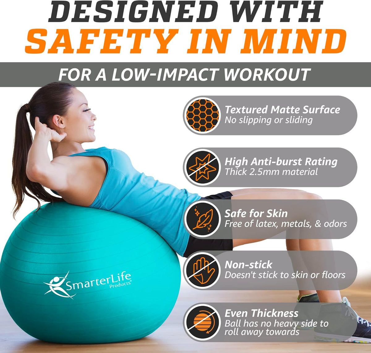 SmarterLife Exercise Ball Yoga Ball for Fitness, Balance, Stability, or Pregnancy, Gym Ball for Core Workout, Physical Therapy, Yoga Ball Chair for Office, Anti-Slip Anti-Burst