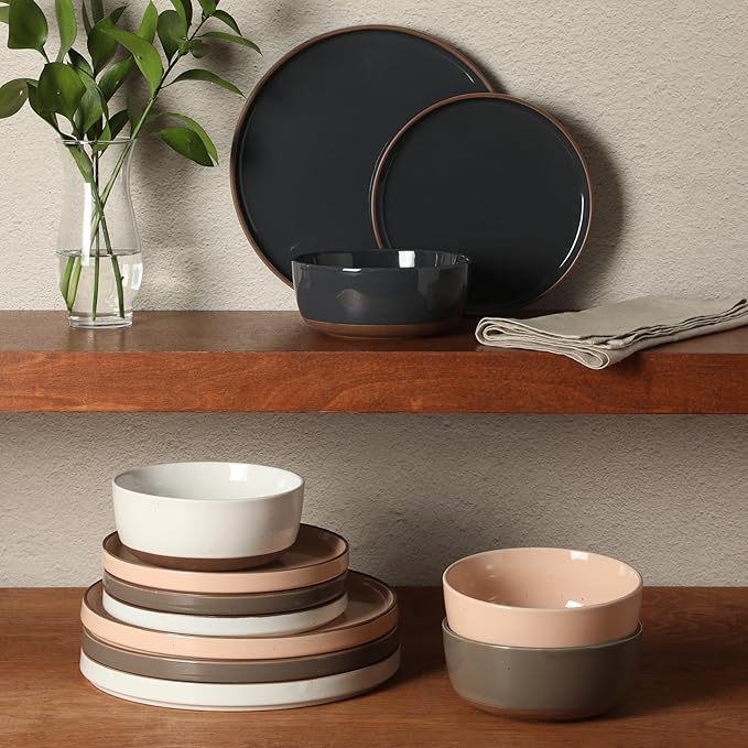 Gibson Elite Northrock Stoneware Dinnerware Set, 16-Piece Service for 4 Plates and Bowls Set – Assorted Colors Blue, White, Pink, Gray Dishes with Hand-Painted Terracotta Base