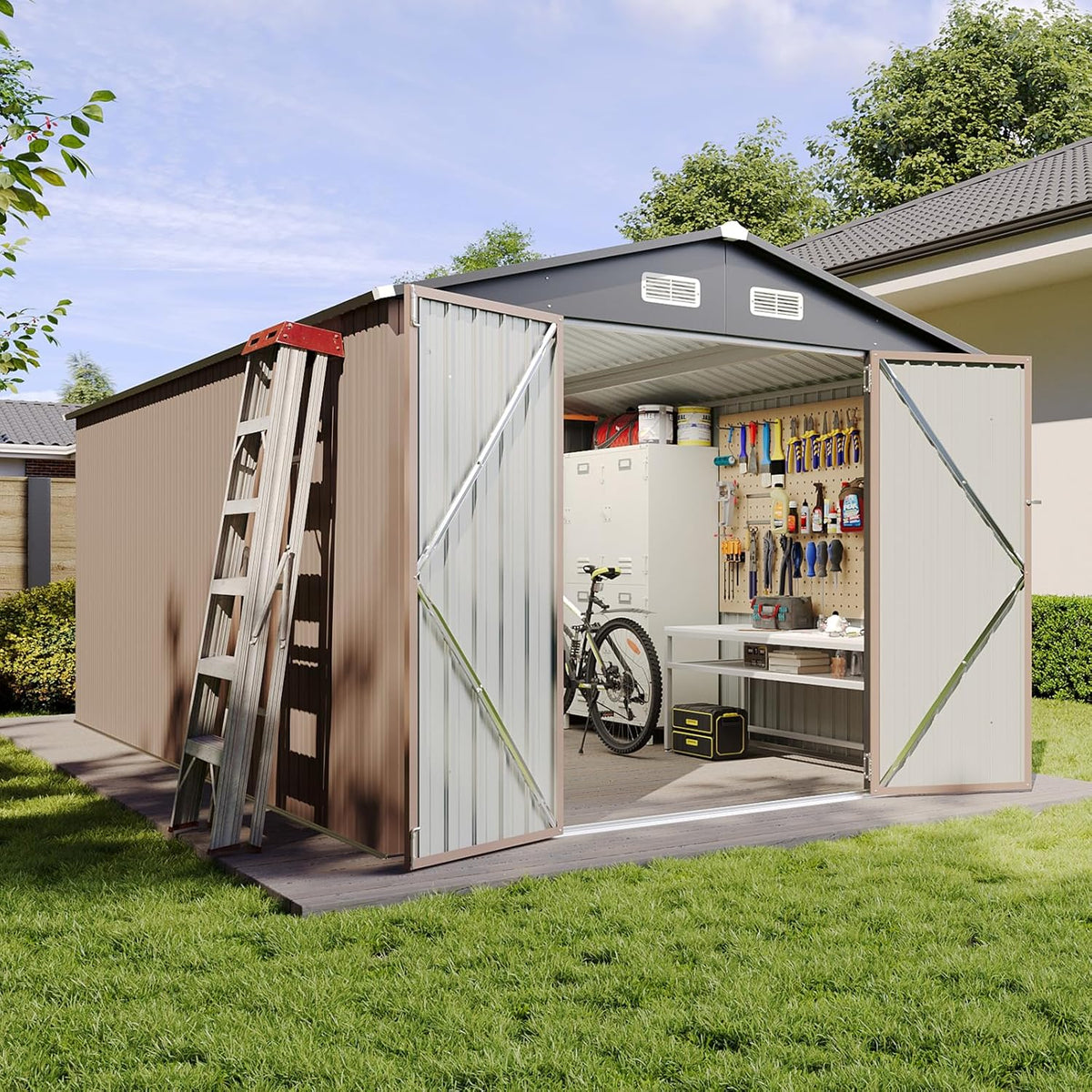 Aoxun 8 x 15FT Outdoor Storage Shed with Double Hinged Large Door Utility Garden Shed with Lockable Door & Sloped Roof Metal Sheds Outdoor Storage for Garden, Backyard, Patio and Backyard, Brown