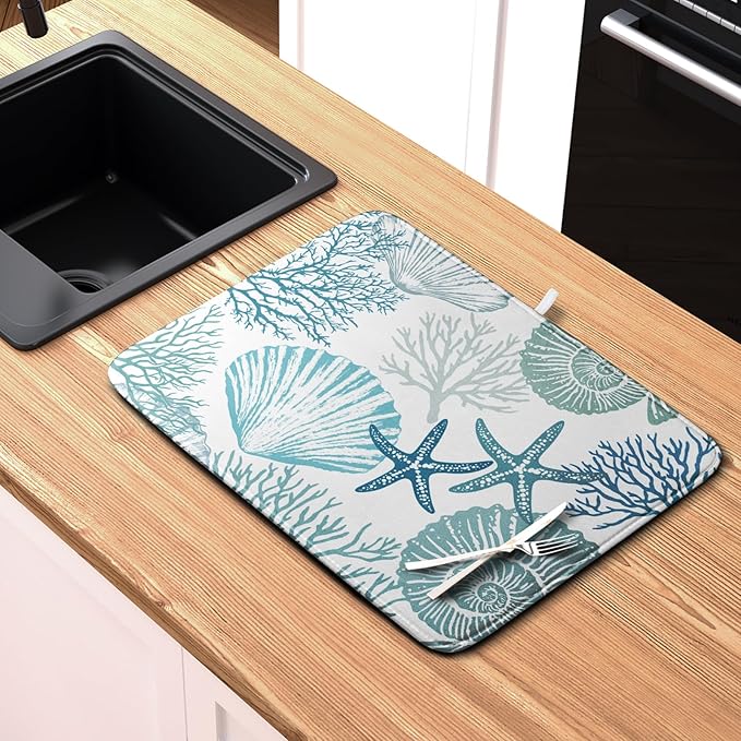 Summer Blue Dish Drying Mat for Kitchen Counter Nautical Coastal Teal Dishes Drainer Mats Beach Coral Seashell Starfish Ocean Absorbent Microfiber Dish Draining Pad 16x18 Inch