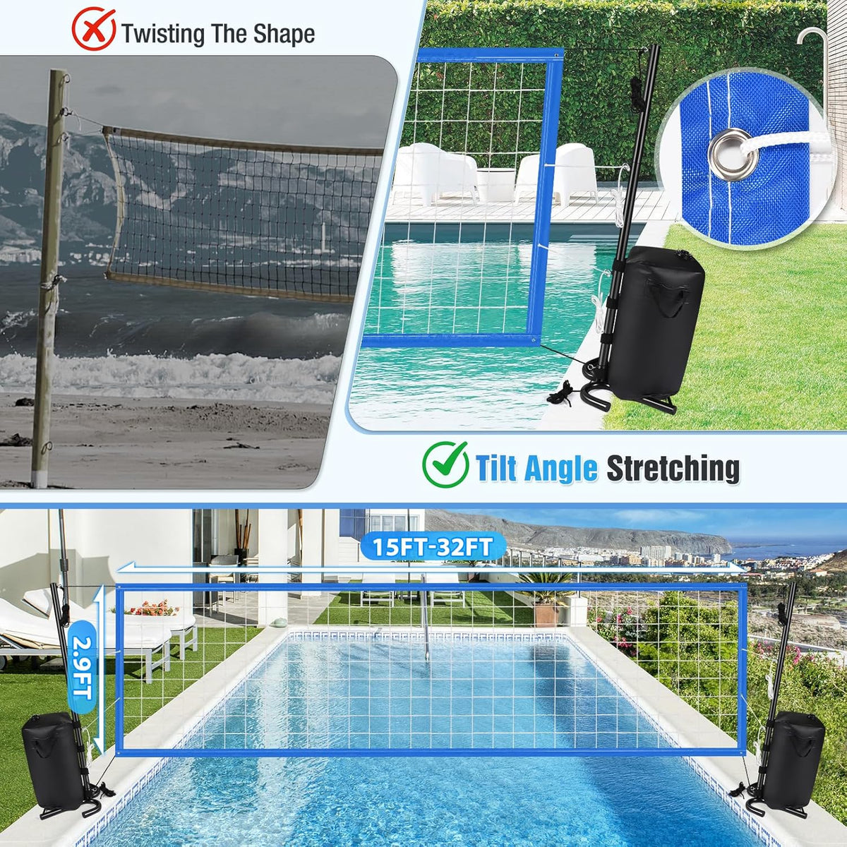 Pool Volleyball Net, Heavy-duty Pool Volleyball Set with 2 Pool Volleyballs, Stabilizing Pool Volleyball Net Holder with Two 25L Dual Water Bags Support - Pool Games for Adults and Family Needs