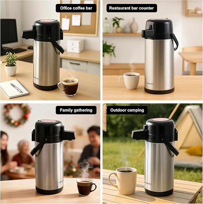TOMAKEIT Airpot Coffee Dispenser with Pump,102 OZ/ 3L Large Coffee Dispenser with Tea Filter for Party Hot Drinks Water Tea Chocolate Hot/Cold Water, Insulated Stainless Steel Thermal Carafes