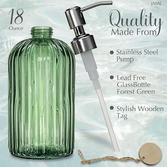 JASAI 18Oz Green Soap Dispenser with Rust Proof Pump, Refillable Bathroom Soap Dispenser with Thick Glass, Kitchen soap Dispenser for Dish soap, Hand Soap, Lotion, Body Wash.