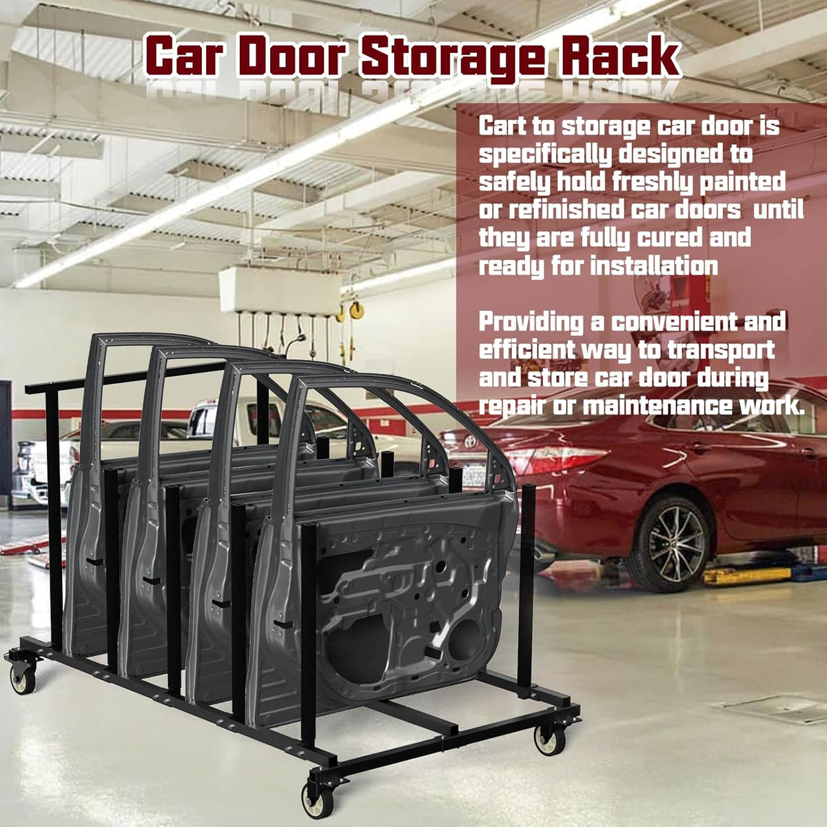 Vehicle Door Storage Cart, 4 Door Storage Rack with Dedicated Area for Each Door Maximize Space Utilization 4 Inch Swivel Caster Allow Floor Mobile Vehicle Door Storage Cart Smooth Maneuverability