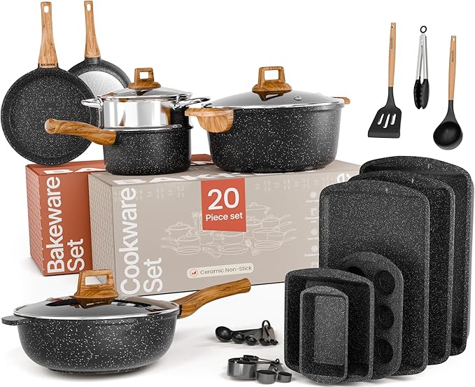 Bakken Master 20 Piece Cookware Set - Pots and Pans with Handle Grips and Tempered Glass Lids, With 6-piece Bakeware Set, Nonstick Granite Coating, Ceramic Max Temperature (Up To 500°F), Marble Color