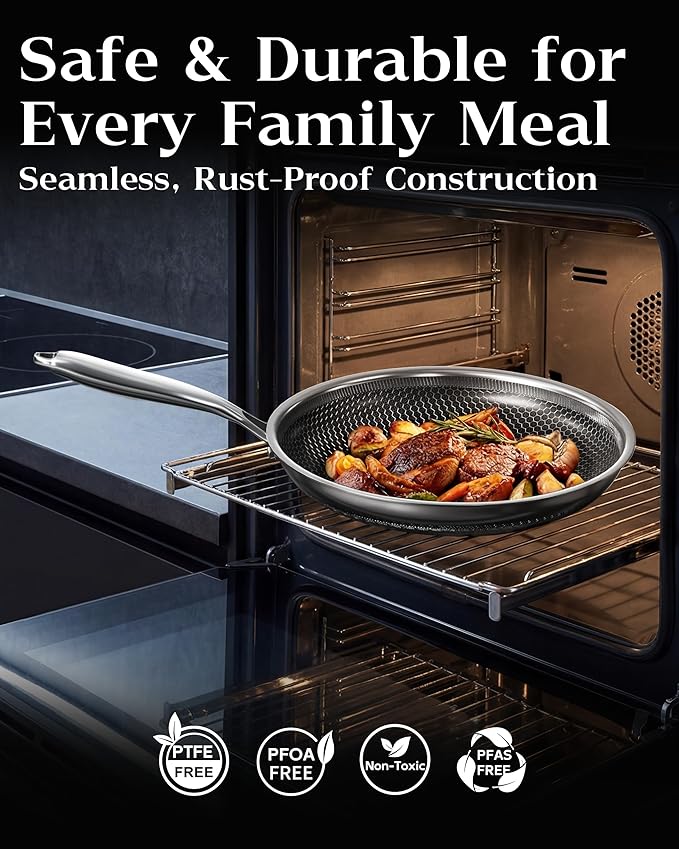 Nonstick Frying Pan with Lid 10-Inch, Durable Stainless Steel Skillet, Induction Cooktop Compatible, PFOA-Free Scratch-Proof, Dishwasher & Oven Safe, Stay-Cool Handle, Silver Kitchen Cookware
